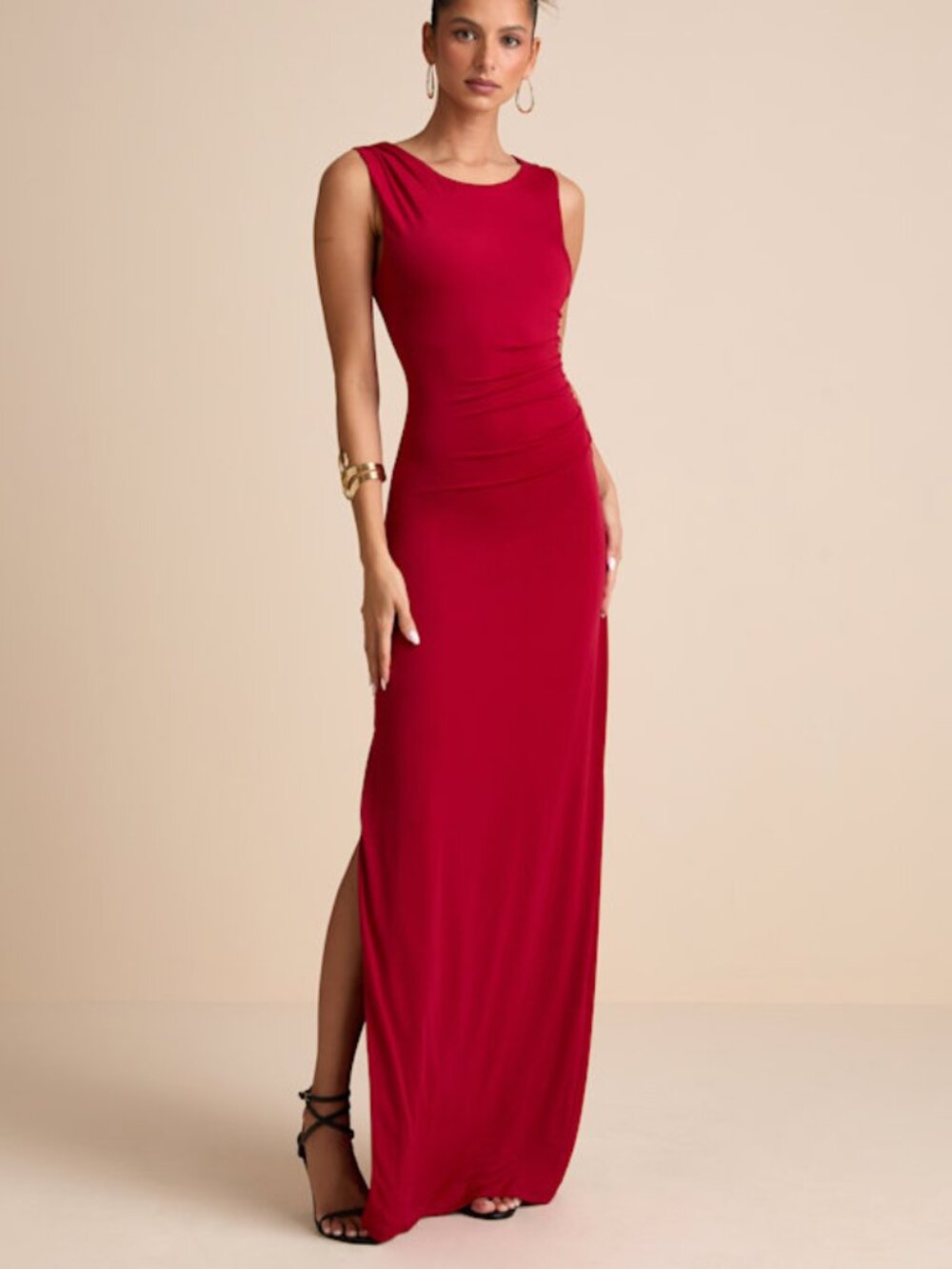 Lulus Significant Allure Red Slinky Knit Ruched Maxi Dress - Size M